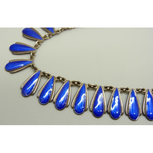 934 - A Volmer Bahner Danish silver and blue enamelled fringe necklace, 37cm