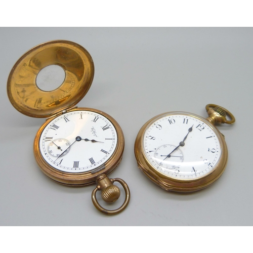 957 - Two plated pocket watches including Waltham half-hunter, both cases worn