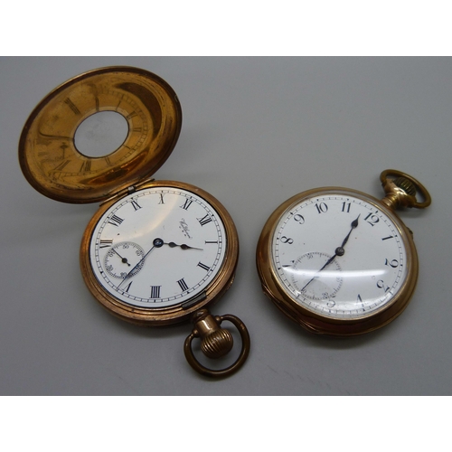 957 - Two plated pocket watches including Waltham half-hunter, both cases worn