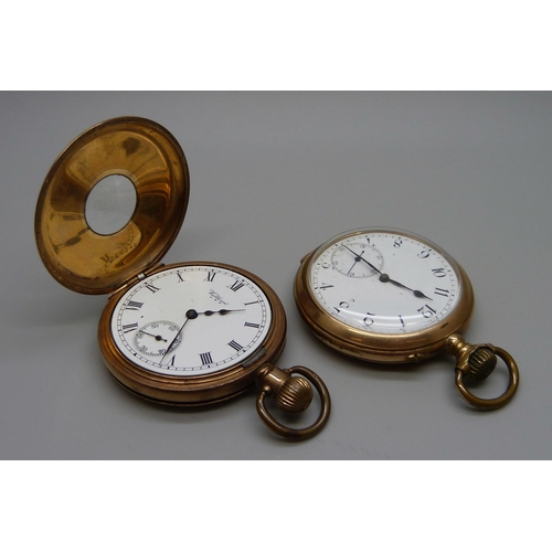 957 - Two plated pocket watches including Waltham half-hunter, both cases worn