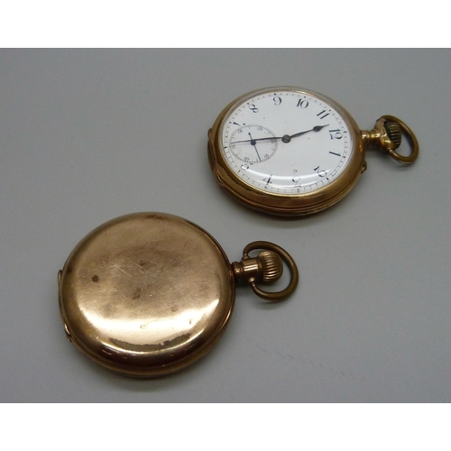 957 - Two plated pocket watches including Waltham half-hunter, both cases worn