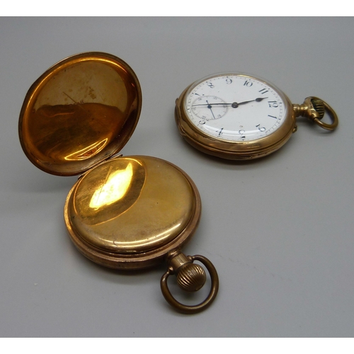 957 - Two plated pocket watches including Waltham half-hunter, both cases worn