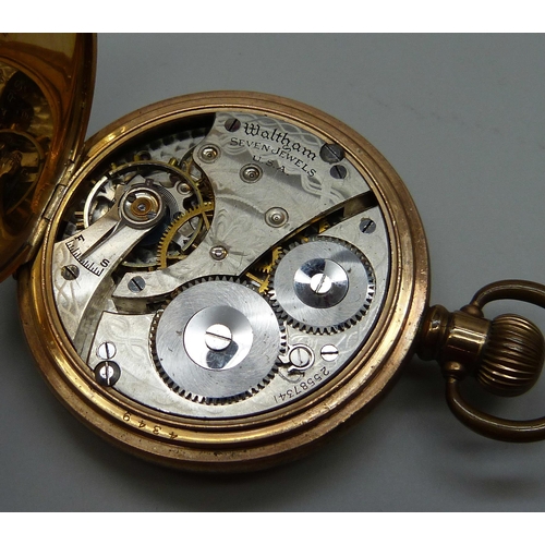 957 - Two plated pocket watches including Waltham half-hunter, both cases worn