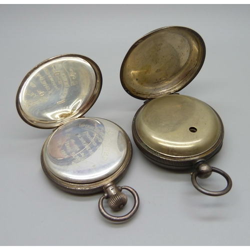 958 - Two silver cased pocket watches, one with inner case bearing ICI inscription, one 800 silver