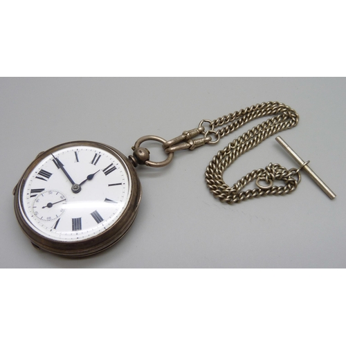 959 - A silver pocket watch with an Albert chain