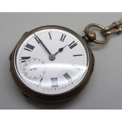 959 - A silver pocket watch with an Albert chain