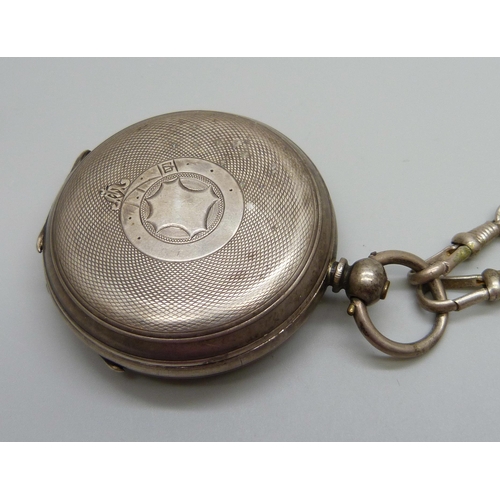 959 - A silver pocket watch with an Albert chain