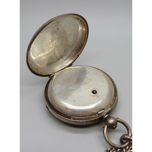 959 - A silver pocket watch with an Albert chain