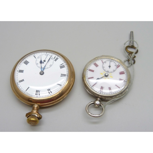 962 - A gold plated Lonville Watch Co., New York and Switzerland pocket watch, lacking loop and case worn,... 