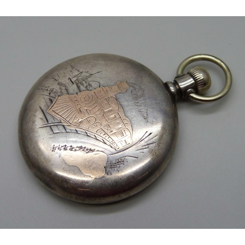 963 - A silver cased Waltham top-wind railway pocket watch, the case back with US locomotive detail in gol... 