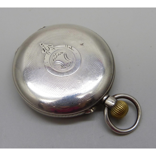 965 - A silver full-hunter top-wind pocket watch, marked 0.935, lacking glass