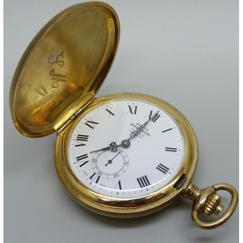 972 - A gold plated full-hunter pocket watch, Swiss Emperor, together with a rolled gold Albert chain