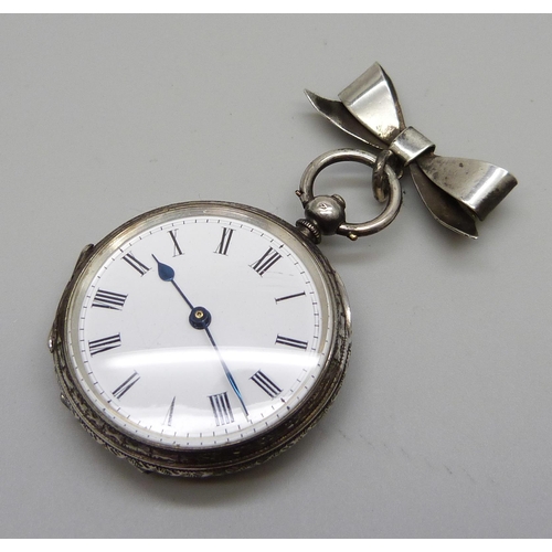 973 - An 800 silver fob watch on a silver hanging brooch