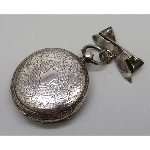 973 - An 800 silver fob watch on a silver hanging brooch