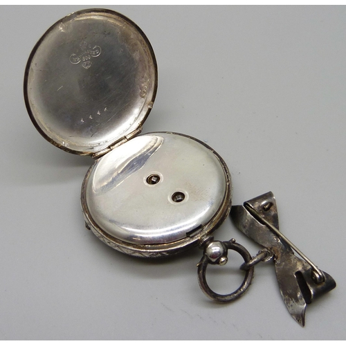 973 - An 800 silver fob watch on a silver hanging brooch