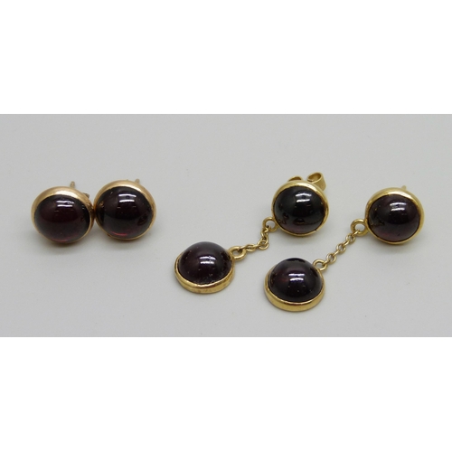 977 - A pair of 18ct gold and cabochon garnet drop earrings, mark worn, 5.9g, and one other pair of caboch... 