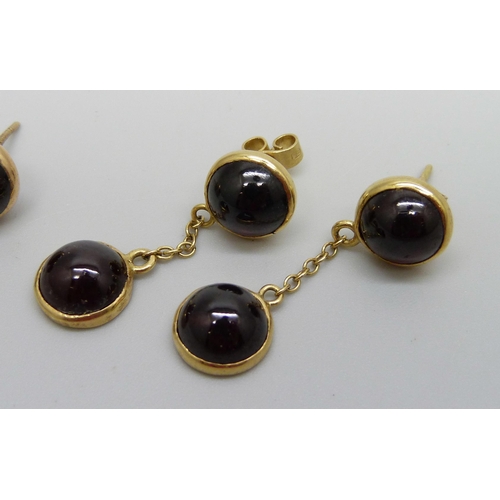 977 - A pair of 18ct gold and cabochon garnet drop earrings, mark worn, 5.9g, and one other pair of caboch... 