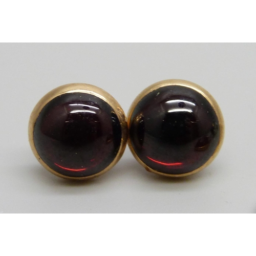 977 - A pair of 18ct gold and cabochon garnet drop earrings, mark worn, 5.9g, and one other pair of caboch... 