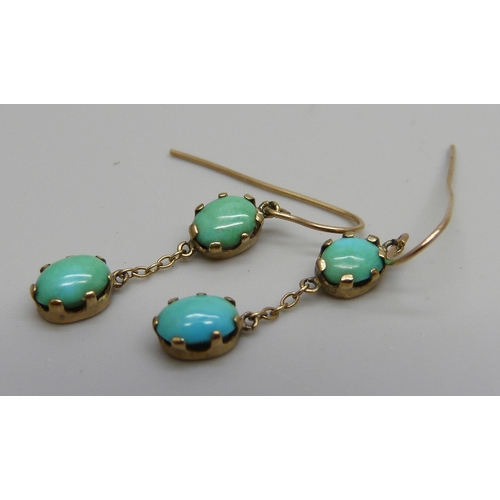 978 - A pair of yellow metal and turquoise drop earrings