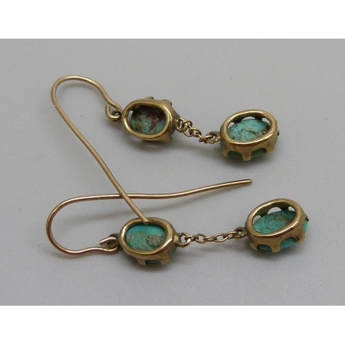 978 - A pair of yellow metal and turquoise drop earrings