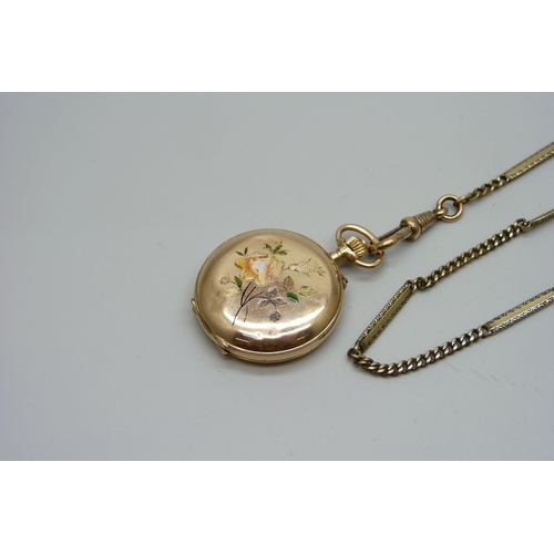 992 - A 14ct gold and enamel fob watch set with one small diamond and with a fancy link chain, enamel a/f,... 