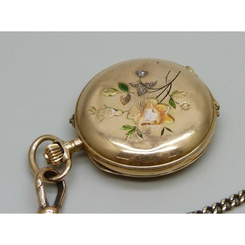 992 - A 14ct gold and enamel fob watch set with one small diamond and with a fancy link chain, enamel a/f,... 