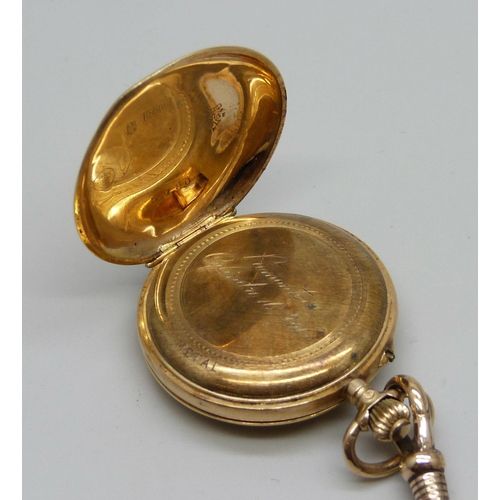 992 - A 14ct gold and enamel fob watch set with one small diamond and with a fancy link chain, enamel a/f,... 