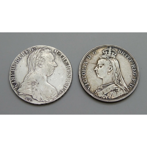 995 - A Victorian 1892 crown and a Marie Theresia silver coin 1780