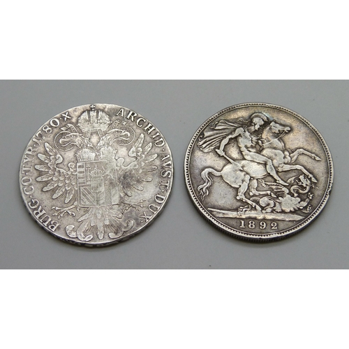 995 - A Victorian 1892 crown and a Marie Theresia silver coin 1780