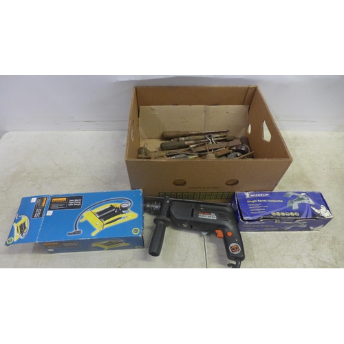 2010 - A box of handheld tools including a ratchet, spanners, screwdrivers, files, etc., 2 foot pumps and a... 