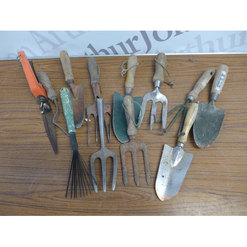 2167 - A quantity of approximately 10 garden tools including rakes, hoes and cultivators and a box of garde... 