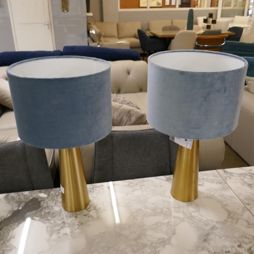 1334 - A pair of brass table lamps with steel blue velvet shades