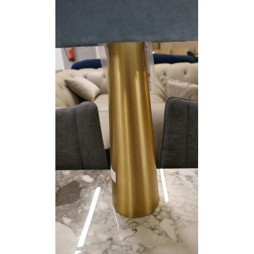 1334 - A pair of brass table lamps with steel blue velvet shades