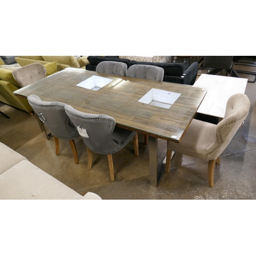 1422 - A railway sleeper 220cm dining table and six mixed Arlo chairs  * This lot is subject to VAT