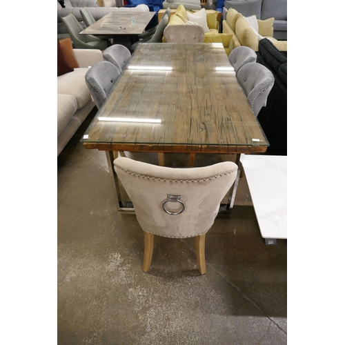 1422 - A railway sleeper 220cm dining table and six mixed Arlo chairs  * This lot is subject to VAT