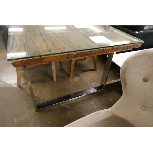 1422 - A railway sleeper 220cm dining table and six mixed Arlo chairs  * This lot is subject to VAT