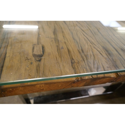 1422 - A railway sleeper 220cm dining table and six mixed Arlo chairs  * This lot is subject to VAT