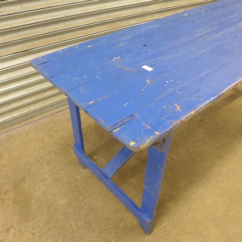 2099 - A pair of 6ft blue painted wooden trestle tables