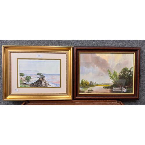 299 - Two landscapes, oil and watercolour and three prints