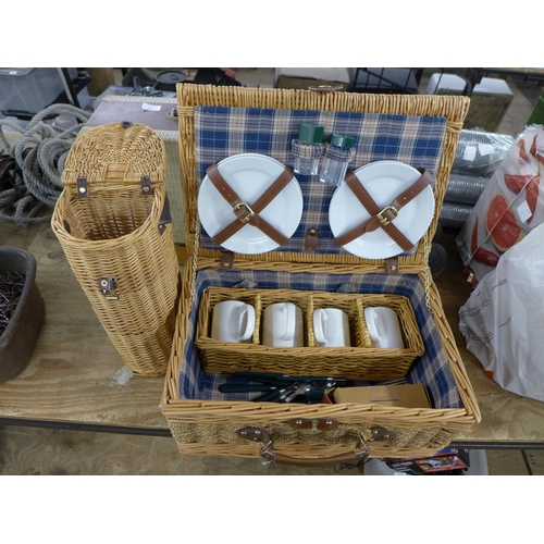 2327 - A wicker picnic basket set including plates cups knifes forks and spoons with a wicker wine bottle b... 