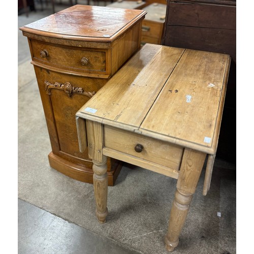 204 - A Victorian walnut pedestal cupboard and pine drop leaf pantry table