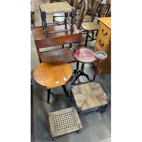 210 - Two mahogany stools, a teak sewing box, wine table, etc. (7)