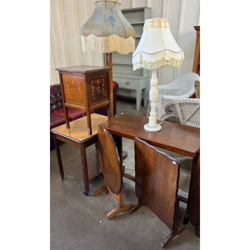 213 - A mahogany inlaid sewing box, demi-lune hall table, standard lamp, two tilt-top tables etc. (6)