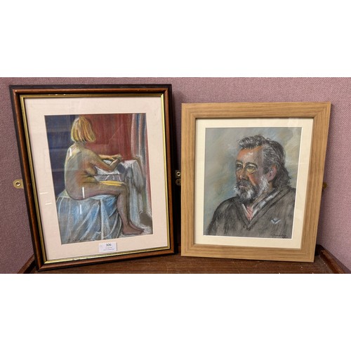 306 - Joyce Snowden, portrait of a nude lady and portrait of a man, pastel, framed