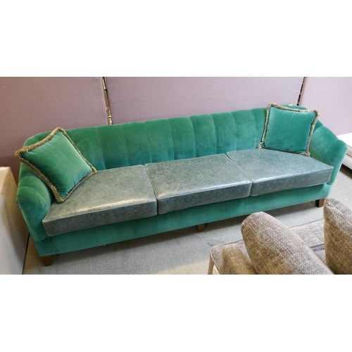 1483 - An emerald velvet and leather shallow four seater dining bench - brand new