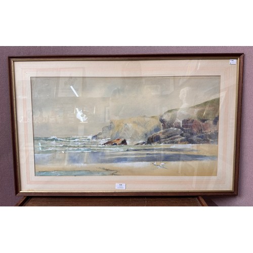 308 - English School, coastal landscape, watercolour and gouache, indistinctly signed, framed