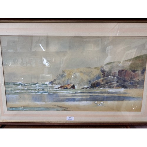 308 - English School, coastal landscape, watercolour and gouache, indistinctly signed, framed