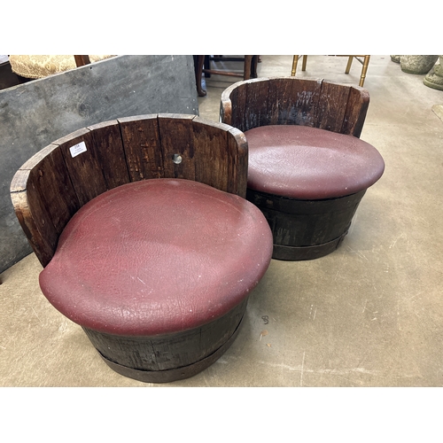 258 - A pair of oak and red vinyl whisky barrel chairs