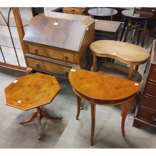 183 - A Reprodux walnut demi-lune hall table, a kidney shaped three tier occasional table, an octagonal oc... 