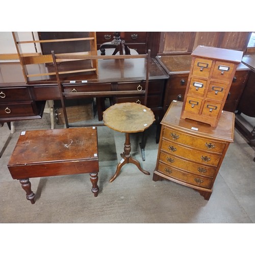 196 - A small George II style walnut bow front chest of drawers, a hardwood index drawer cabinet, a mahoga... 